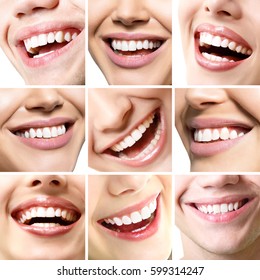 Beautiful smiles set. Perfect wide smiles with great healthy white teeth, over white. Dental care, whitening, stomatology, restoration of teeth, prosthetics, oral hygiene concept. Smiley faces details