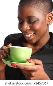 Beautiful Smiling Black Woman Drinking Cup Of Tea