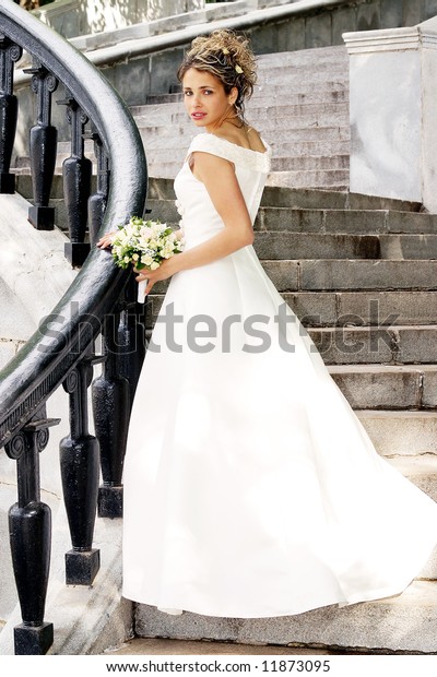 Beautiful Smiling Bride Traditional White Wedding Stock Photo