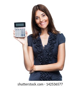 Beautiful Smiling Business Woman With Calculator, Isolated On White Background