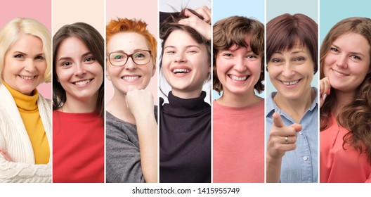 Beautiful Smiling Female Face Only Collage. Positive Emotion