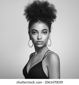 Beautiful Smiling Girl With Curly Hairstyle Stock Photo Women, African Ethnicity, Fashion Model, One Woman Only. Black And White Photo