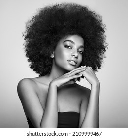 Beautiful Smiling Girl With Curly Hairstyle Stock Photo Women, African Ethnicity, Fashion Model, One Woman Only. Black And White Photo