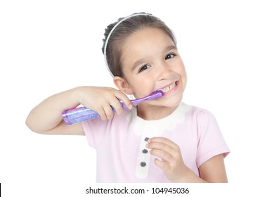 Beautiful Smiling Little Girl Brushing Teeth Isolated On White Background