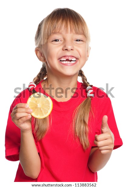 Beautiful Smiling Little Girl Lemon Isolated Stock Photo 113883562 ...