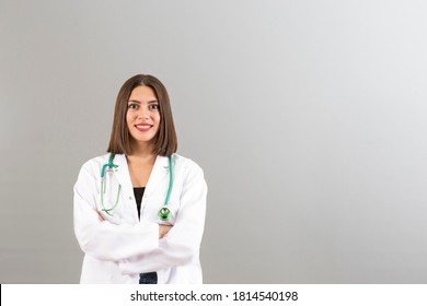 Beautiful Smiling Turkish Woman Doctor Portrait In Studio She Is Confident Mood