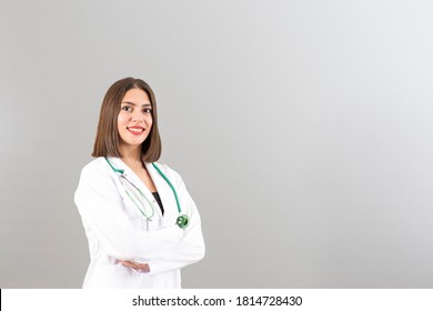 Beautiful Smiling Turkish Woman Doctor Portrait In Studio She Is Confident Mood