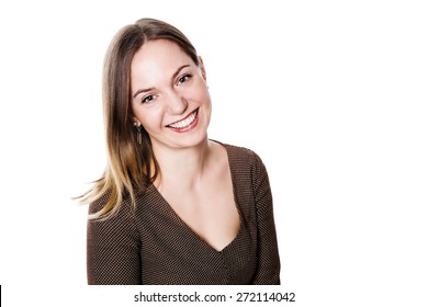 Beautiful Smiling Woman Of Average Years Isolated On White. Close-up Portrait.