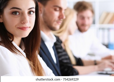 Beautiful Smiling Woman Portrait With Group Of People Listen Carefully During Seminar. Study Event Client Conversation Job Customer Support Service Case Hear In Court Leader Performance Concept