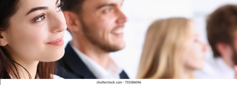 Beautiful Smiling Woman Portrait With Group Of People Listen Carefully During Seminar. Study Event Client Conversation Job Customer Support Service Case Hear In Court Leader Performance Concept