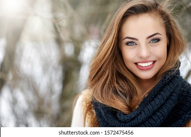 Beautiful Smiling Woman Winter Portrait	