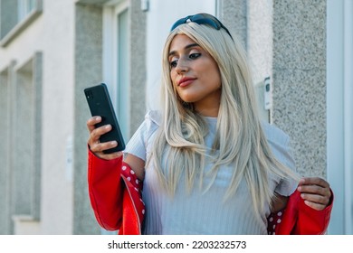 Beautiful Smiling Young Plus Size Body Positive Woman Using Smart Phone 