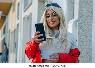 Beautiful Smiling Young Plus Size Body Positive Woman Using Smart Phone 