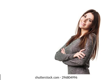 Beautiful Smiling Young Woman In Grey Dress With Long Hair, Isolated On White Background, Concept Of Success