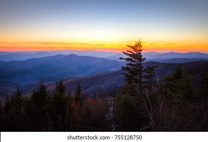 Beautiful Smoky Mountain Sunset Panorama. Sunset from Clingman's dome over the mountain range of the Great Smoky Mountains National Park in Gatlinburg, Tennessee.
