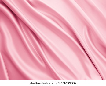 Beautiful Smooth Elegant Wavy Hot Baby Pink Satin Silk Luxury Cloth Fabric Texture, Abstract Background Design. Copy Space
