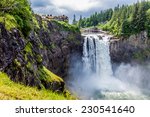 The Beautiful Snoqualmie Waterfall in the Great Pacific Northwest, USA.  Mid level wide angle view.