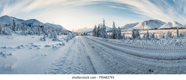 Beautiful Snow Covered Winter Road And Trees In Scenic Mountains, Kolyma Highway, Russian Federation