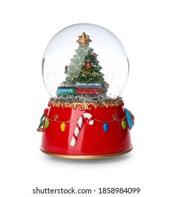 Beautiful Snow Globe With Christmas Tree Isolated On White