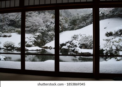 Beautiful Snowy Japanese Zen Garden Viewed From Inside Panorama Window Room In Winter.