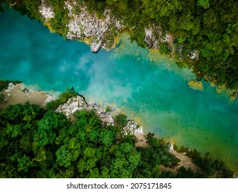 Beautiful Soca River Valley in Slovenia. Landscape and Nature in Europe Drone View from Above.