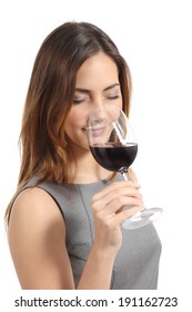 Beautiful Sommelier Woman Tasting Wine Isolated On A White Background           