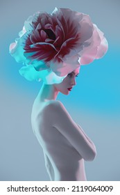 A beautiful sophisticated girl with a large peony flower on her head poses on a mixed coloured background. Skin and body care. Cosmetics and perfumery. Sideview shot.