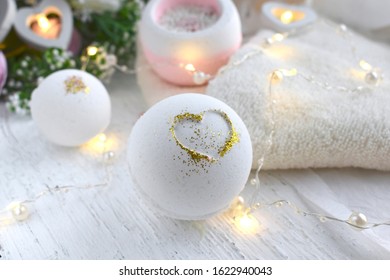 Beautiful spa composition with bath bombs, flowers, towelon light background. Valentines day, Mothers day, wedding lifestyle concept