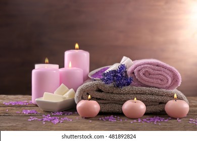 Beautiful Spa Composition With Lavender On Wooden Table