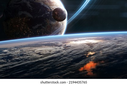 Beautiful Space Landscape. Distant Planets Of Deep Space. View From Planetary Orbit. Science Fiction. Elements Of This Image Furnished By NASA
