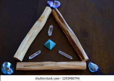 Beautiful, sparkling healing crystals. Witchy crystal grid, wiccan alter set up. Healing energy, shot in natural lighting with low exposure. Crystal Grid, sacred space. Bohemian decorations, romantic 