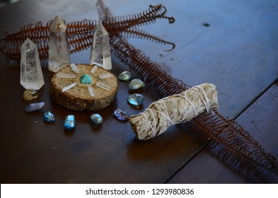 Beautiful, sparkling healing crystals. Witchy crystal grid, wiccan alter set up. Healing energy, shot in natural lighting with low exposure. Crystal Grid, sacred space. Bohemian decorations, romantic 
