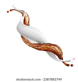 Beautiful splashes of milk and coffee isolated on white background. Mix of milk and coffee splashes in white space