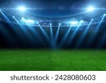 beautiful sports stadium with a green grass field shines with blue spotlights at night with stars. Sports tournament, world championship