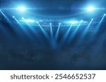 beautiful sports stadium shines with blue spotlights at night with stars. Sports tournament, world championship. Sports betting card. Free space for design and text