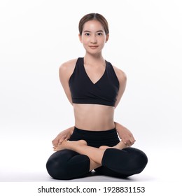 Beautiful Sporty Woman Doing Advanced Yoga Practice On White Background.Easy Pose.