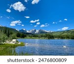 Beautiful Sprague Lake in the shadow of the Continental Divide on a sunny summer day in Rocky Mountain National Park