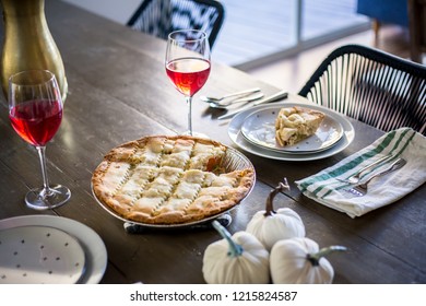 A Beautiful Spread Of Wine, Cheese And Fruit. Dinner For Two Set Up At A Beautiful Table. Pot Pie And A Festive Fall Table. 