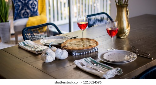 A Beautiful Spread Of Wine, Cheese And Fruit. Dinner For Two Set Up At A Beautiful Table. Pot Pie And A Festive Fall Table. 