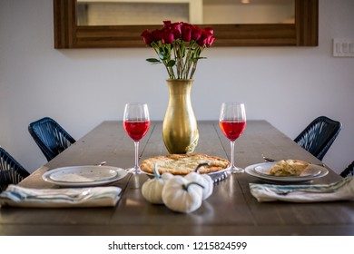 A Beautiful Spread Of Wine, Cheese And Fruit. Dinner For Two Set Up At A Beautiful Table. Pot Pie And A Festive Fall Table. 