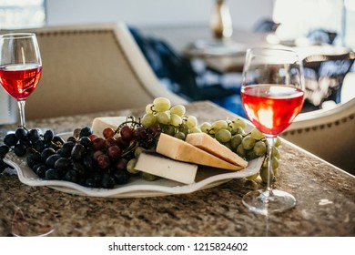 A Beautiful Spread Of Wine, Cheese And Fruit. Dinner For Two Set Up At A Beautiful Table. Pot Pie And A Festive Fall Table. 