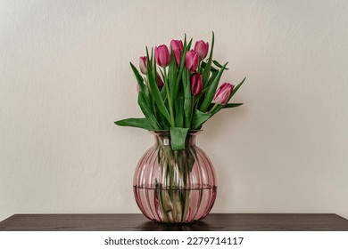 Beautiful spring decoration.Pink purple tulips in glass vase.Fresh tulip flowers bouquet.View with copy space.Greeting card.Woman Mothers Day.Minimalistic bouquet of flowers.Home decoration  - Shutterstock ID 2279714117