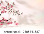 Beautiful spring flower arrangement with cherry blossom branches, elegant beauty concept, stage for product and business concept display. Minimal modern aesthetic, Premium empty podium.