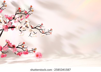 Beautiful spring flower arrangement with cherry blossom branches, elegant beauty concept, stage for product and business concept display. Minimal modern aesthetic, Premium empty podium.