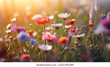 A beautiful spring flower field summer meadow. Natural colorful landscape with many wild flowers of daisies against blue sky. A frame with soft selective focus. Magical nature background blossom - Powered by Shutterstock