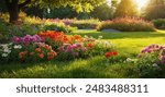 Beautiful spring garden. The green lawn emphasizes the blooming flowers in the garden. A diverse spectrum of colorful flowers, panoramic views of natural beauty