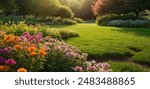 Beautiful spring garden. The green lawn emphasizes the blooming flowers in the garden. A diverse spectrum of colorful flowers, panoramic views of natural beauty