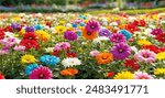 Beautiful spring garden. The green lawn emphasizes the blooming flowers in the garden. A diverse spectrum of colorful flowers, panoramic views of natural beauty