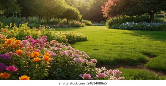 Beautiful spring garden. The green lawn emphasizes the blooming flowers in the garden. A diverse spectrum of colorful flowers, panoramic views of natural beauty - Powered by Shutterstock