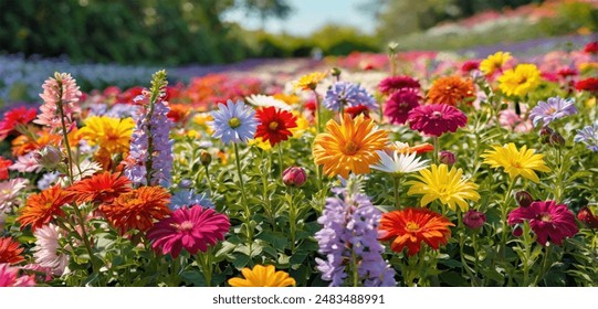 Beautiful spring garden. The green lawn emphasizes the blooming flowers in the garden. A diverse spectrum of colorful flowers, panoramic views of natural beauty - Powered by Shutterstock